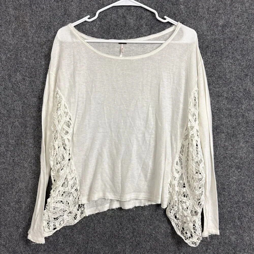 Free People Love Me Do Top Blouse Womens Size S White Linen Blend Crochet side